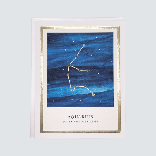 Handmade Aquarius zodiac card with watercolor constellation and gold foil accents, blank inside.