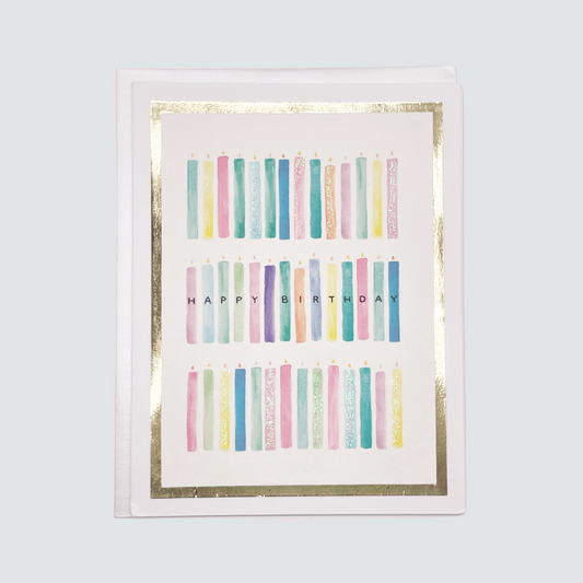 Handmade birthday candles card with watercolor candle design and gold foil accents, blank inside.