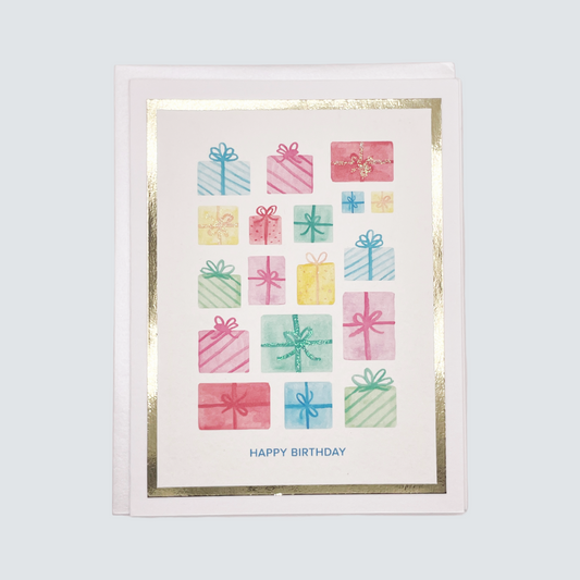 Handmade birthday presents card with watercolor gifts and gold foil accents, blank inside on FSC-certified cardstock.