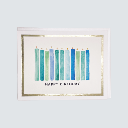 Handmade blue and green birthday candles card with watercolor design and gold foil accents, blank inside.