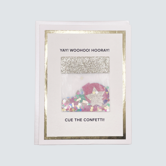 Handmade confetti card with watercolor design and gold foil border, blank inside on FSC-certified cardstock.