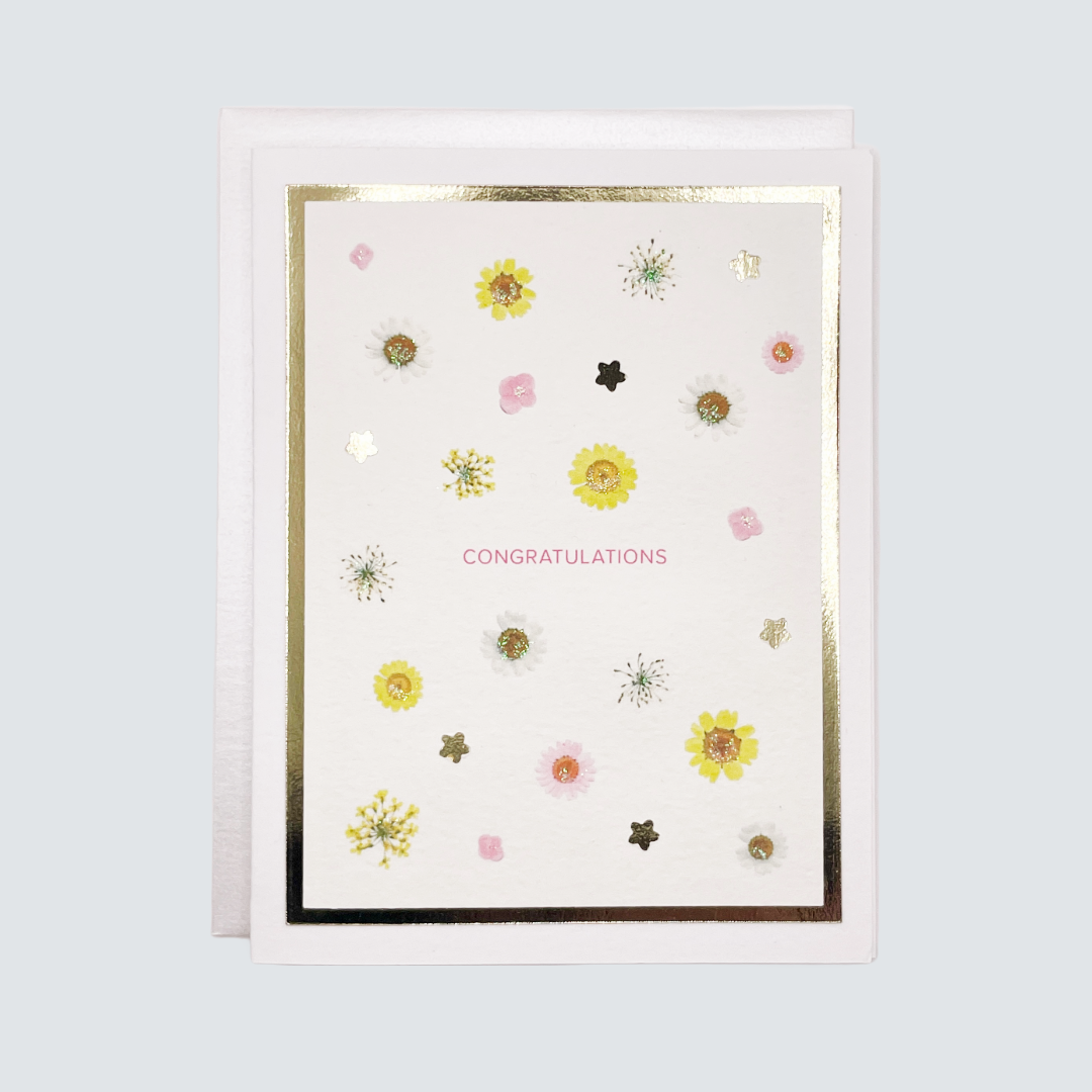 Greeting card with floral designs and 'Congratulations' text on a white background
