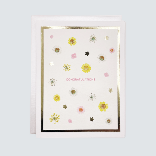 Greeting card with floral designs and 'Congratulations' text on a white background