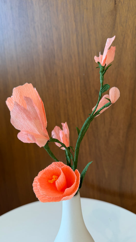 Peach paper flower arrangement in bud vase (sweet pea, tulips) (Ready-to-ship)