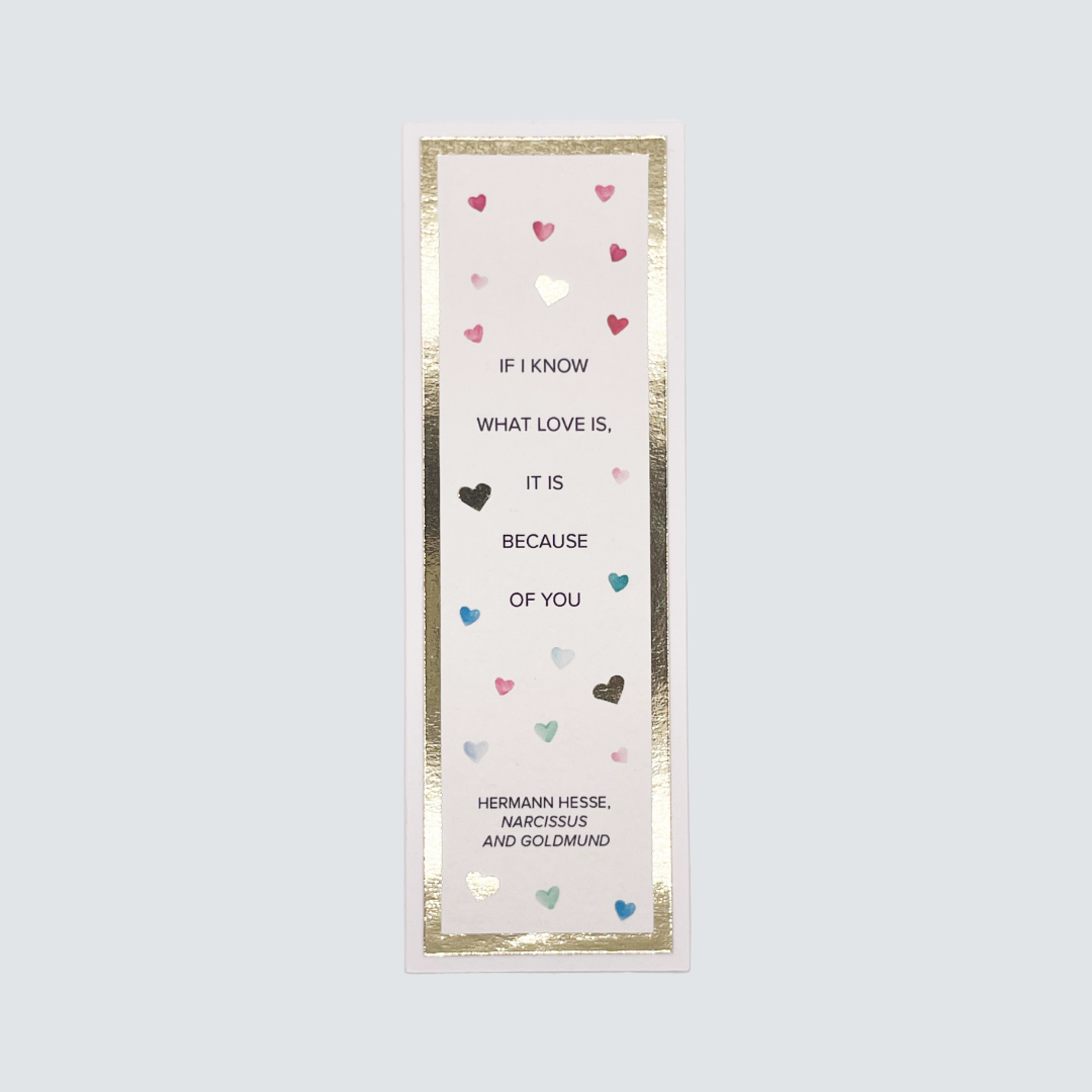 Handmade bookmark featuring ‘If I Know What Love Is’ quote with gold foil details and watercolor art on premium cardstock.