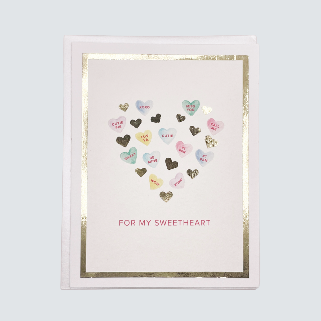 Handmade Sweethearts card with watercolor heart cluster and gold foil border, blank inside.
