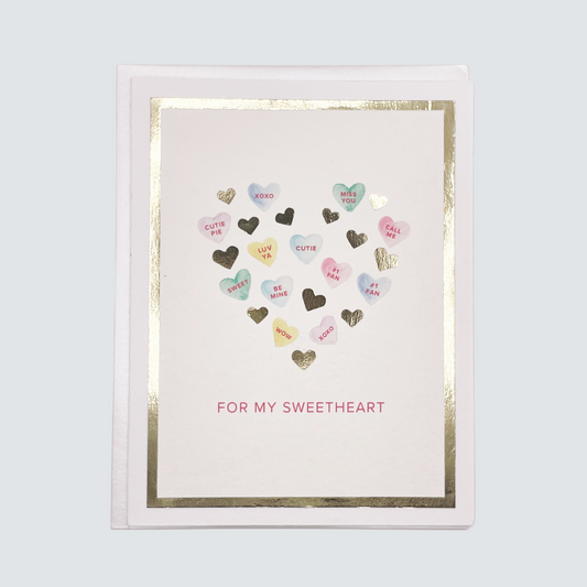 Handmade Sweethearts card with watercolor heart cluster and gold foil border, blank inside.