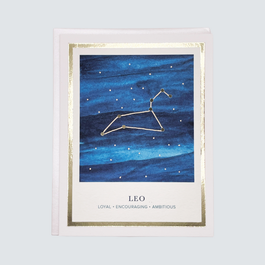Handmade Leo zodiac constellation card with watercolor background and gold foil, blank inside on premium FSC-certified cardstock.