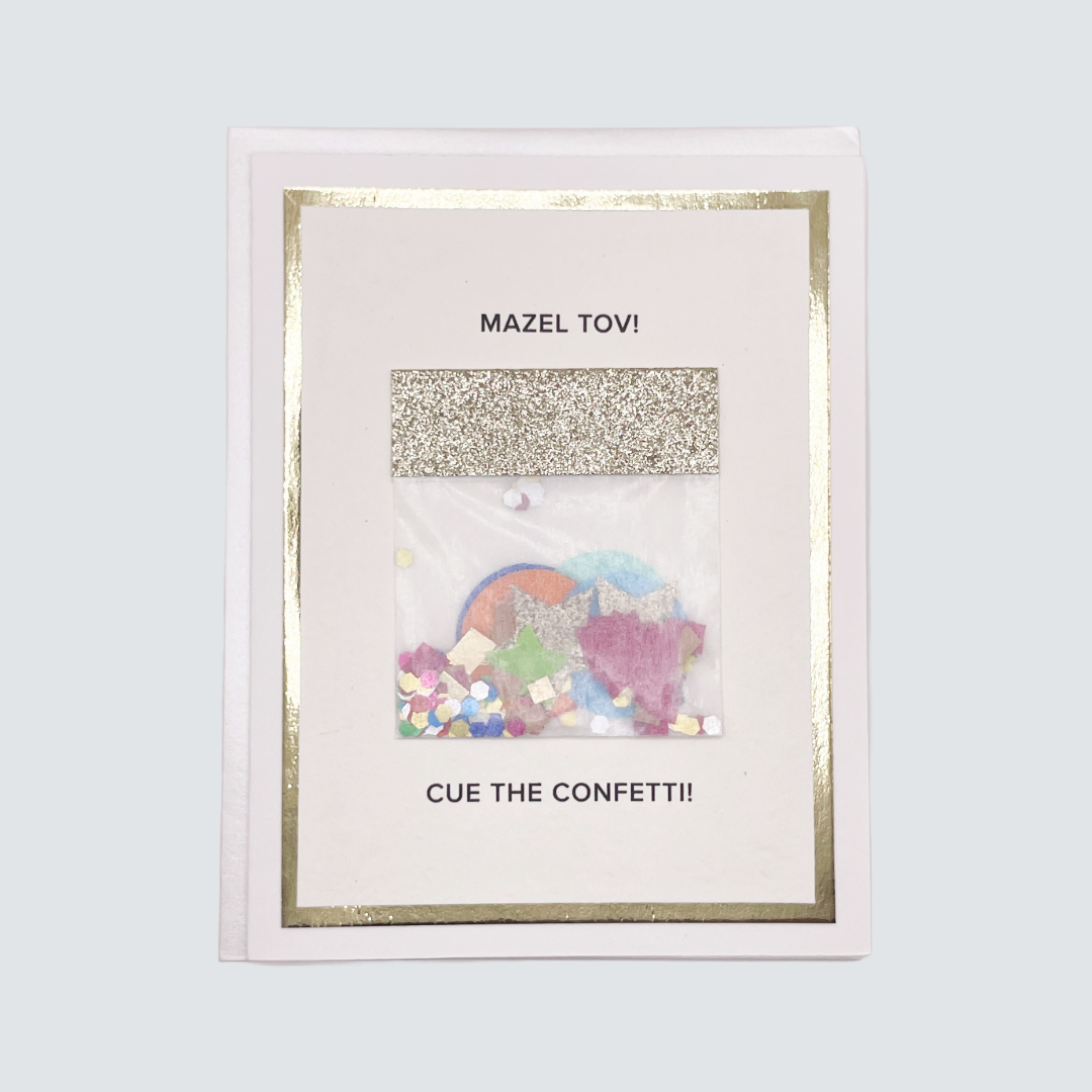 Handmade Mazel Tov confetti card with gold foil and confetti packet, blank inside on FSC-certified cardstock.