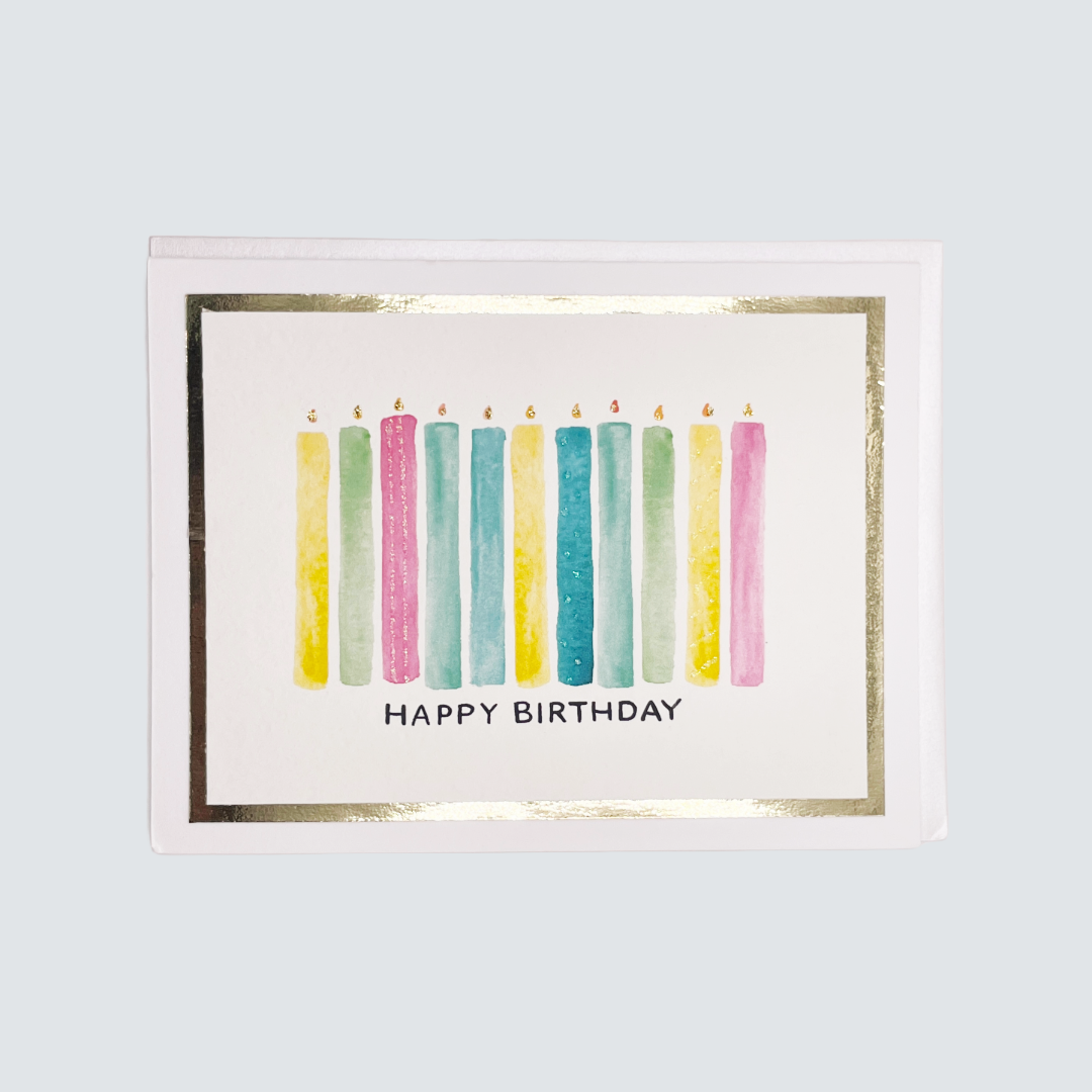 Handmade multicolor birthday candles card with watercolor candles and gold foil border, blank inside.