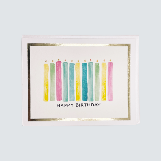 Handmade multicolor birthday candles card with watercolor candles and gold foil border, blank inside.