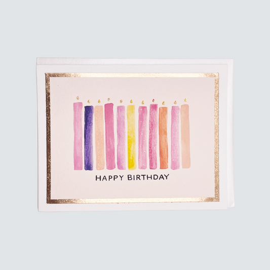 Handmade pink and purple birthday candles card with watercolor and rose gold foil border, blank inside.