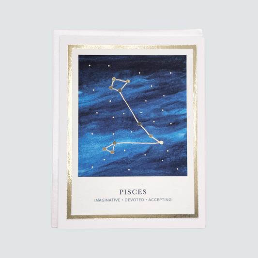 Handmade Pisces zodiac constellation card with watercolor sky and gold foil accents, blank inside on FSC-certified cardstock.