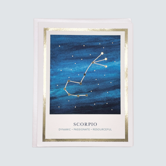 This image features a beautifully crafted Scorpio Zodiac Card. The card showcases a stunning giclée print of hand-watercolored artwork, highlighting a serene nightscape filled with stars and the iconic Scorpio constellation.