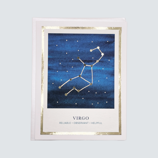 This image features a beautifully crafted Virgo Zodiac Card, perfect for astrological enthusiasts. The card showcases a striking hand-watercolored artwork of the Virgo constellation set against a deep blue background, embellished with elegant gold foil details.