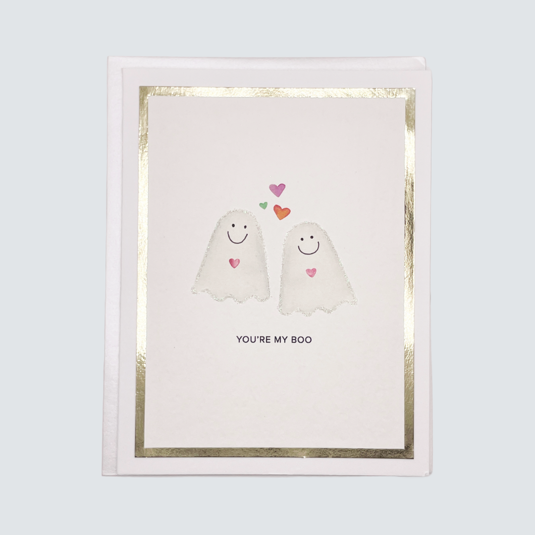 Handmade “You’re My Boo” card with watercolor ghost illustrations and gold foil border, blank inside.