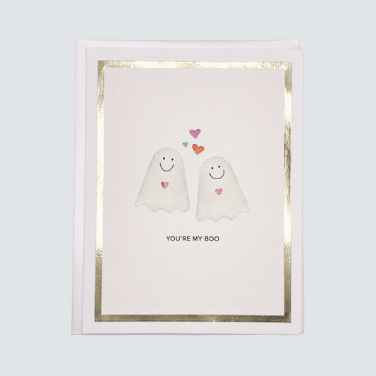 Handmade “You’re My Boo” card with watercolor ghost illustrations and gold foil border, blank inside.