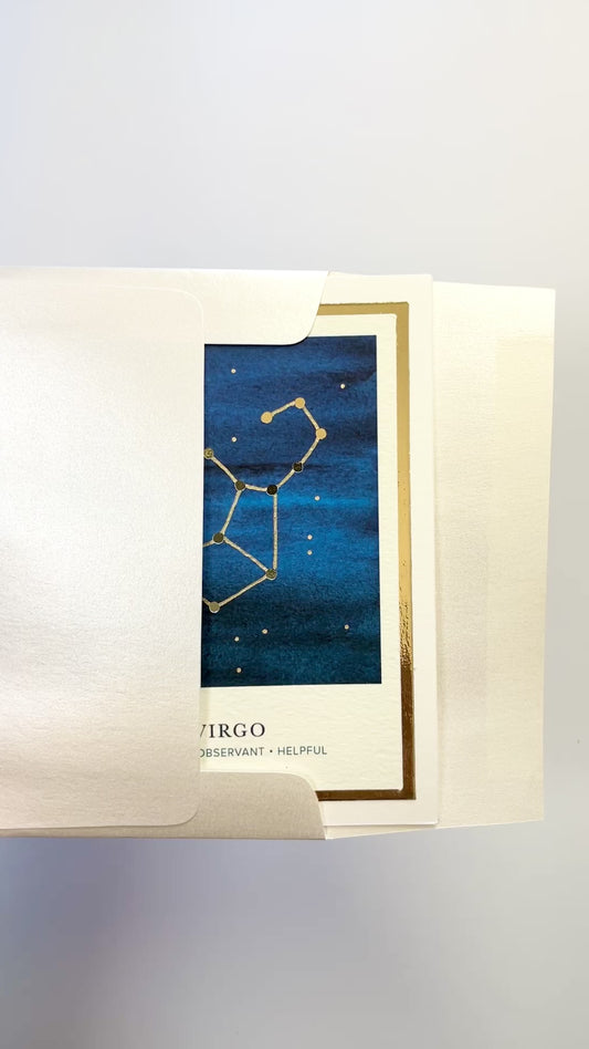 Handmade Virgo zodiac constellation card with watercolor background and gold foil accents, blank inside on FSC-certified cardstock.