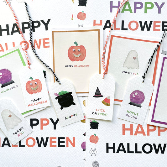 Photos of handmade Halloween cards, gift tags, and decorations