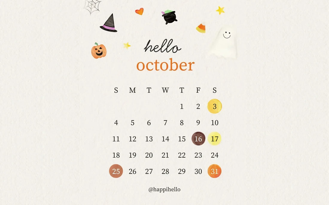 Hello October 2026 calendar in watercolor with card holidays circled on October 3, 16, 17, 25 and 31, surrounded by a hand-painted witch hat, cauldron, pumpkin, candy corn and ghost.