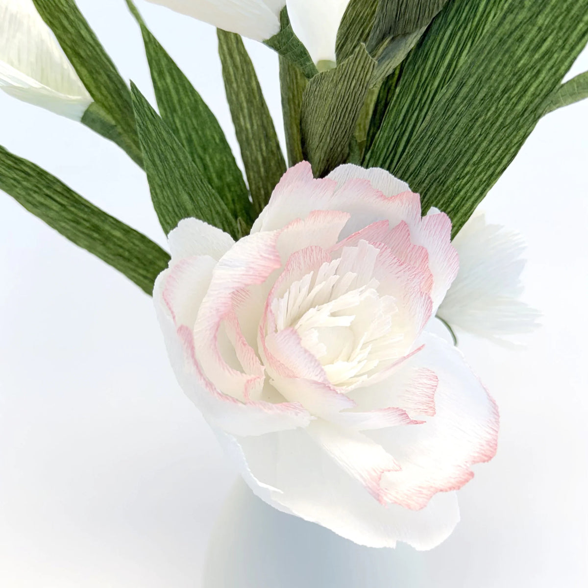Pink-Edged White Peony and Tulip Paper Flower Bud Vase