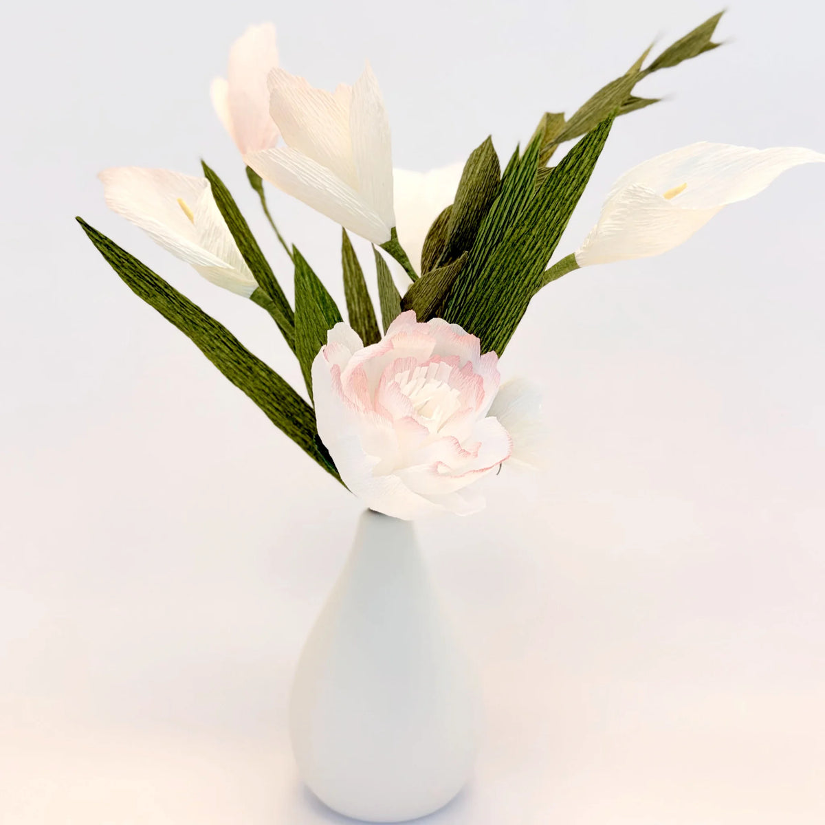 Pink-Edged White Peony and Tulip Paper Flower Bud Vase