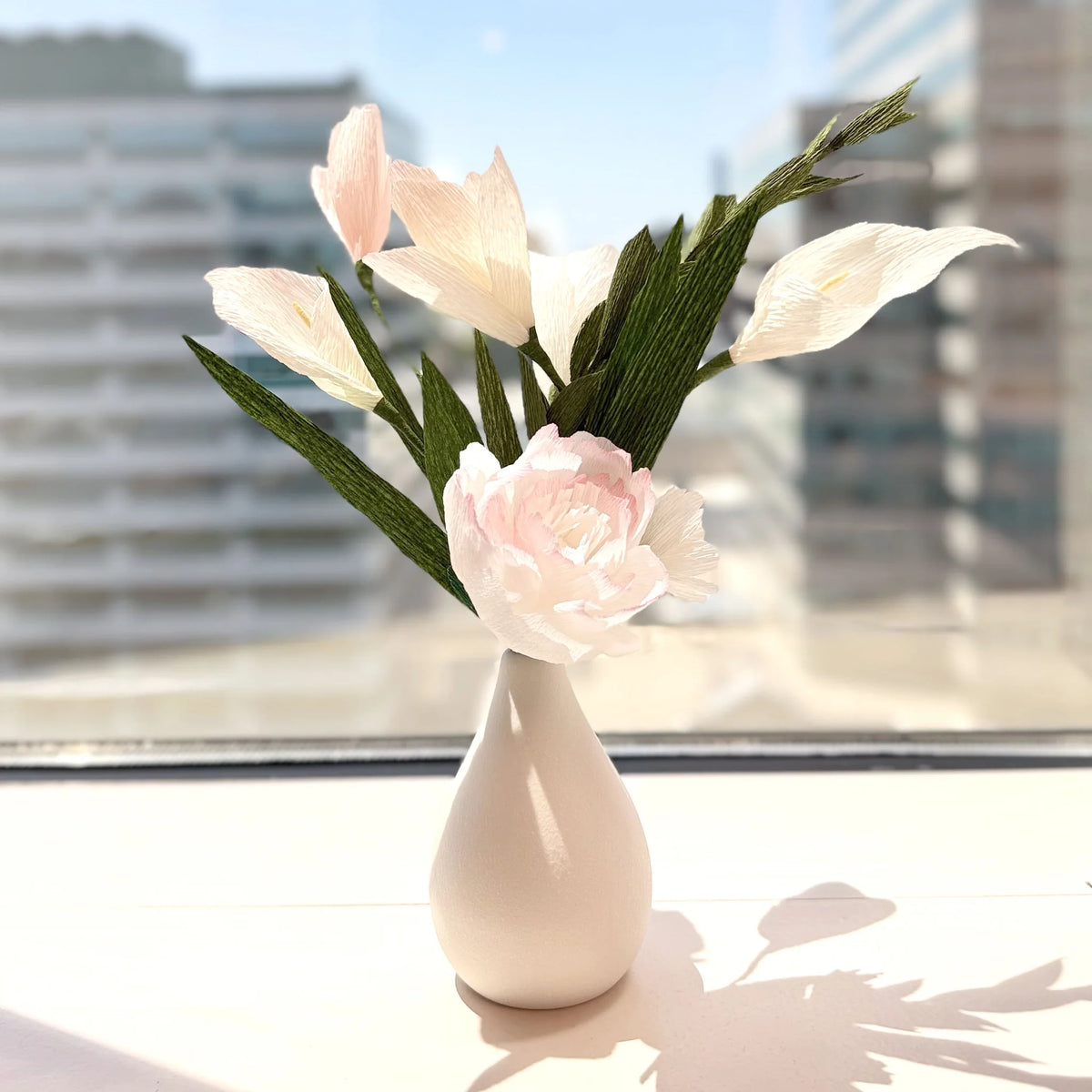 Pink-Edged White Peony and Tulip Paper Flower Bud Vase