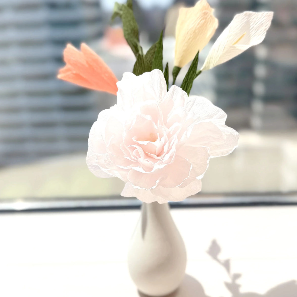 Light Pink Peony and Peach Tulip Paper Flower Bud Vase