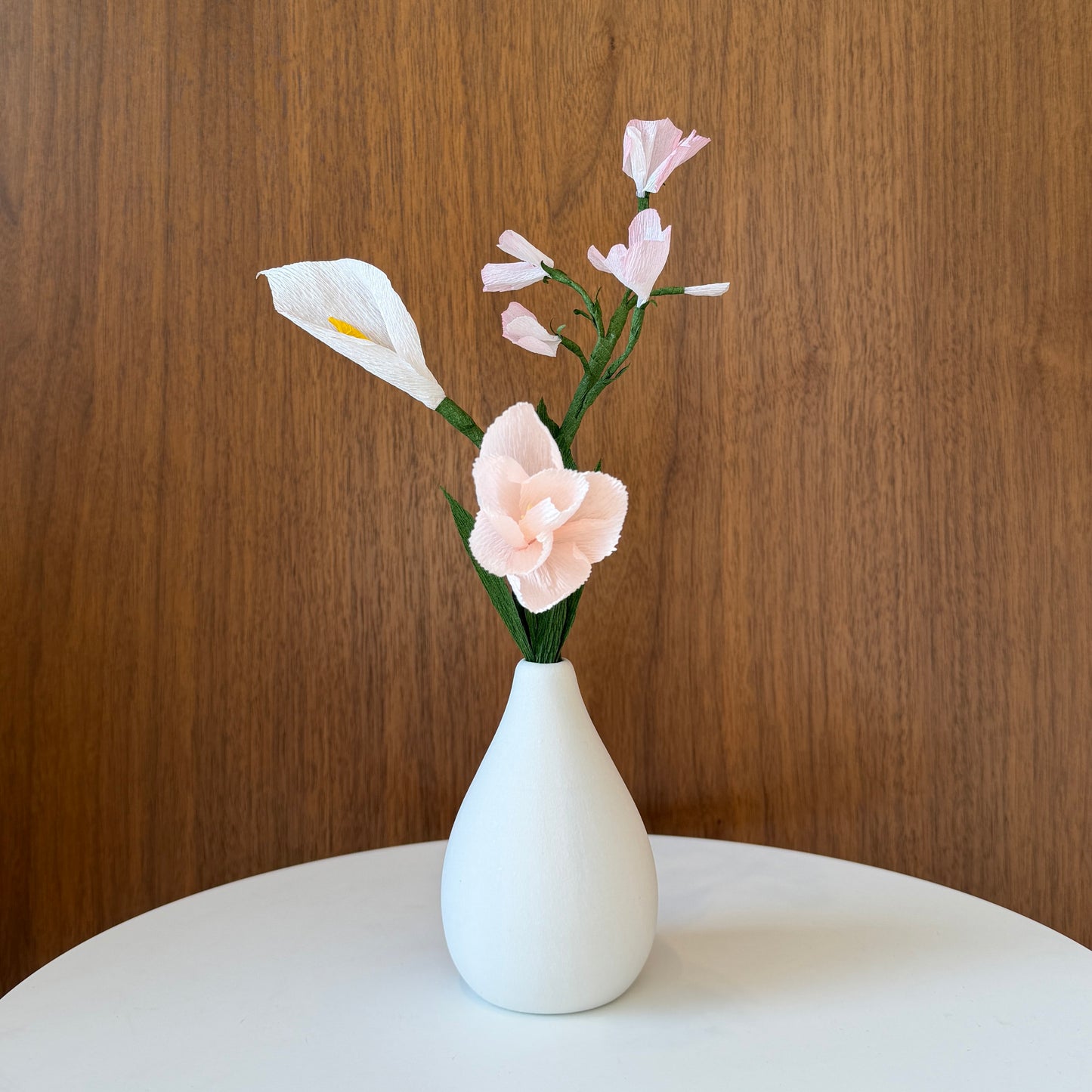 Blush paper flower arrangement in bud vase (calla lily, tulip, sweet pea) (Ready-to-ship)