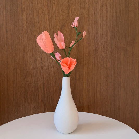 Peach paper flower arrangement in bud vase (sweet pea, tulips) (Ready-to-ship)