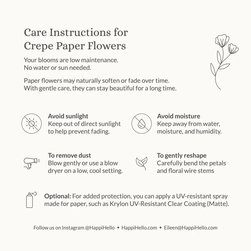 HappiHello Care Instructions for Crepe Paper Flowers