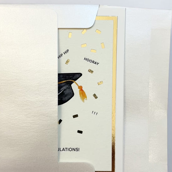 Handmade graduation card with watercolor cap and confetti design. A festive way to say congrats to your favorite graduate.