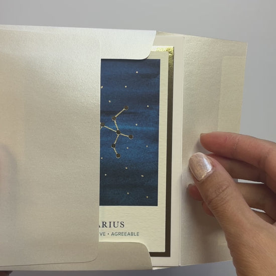 Handmade Sagittarius zodiac card with watercolor constellation and gold foil. Perfect celestial stationery gift for birthdays and astrology fans.