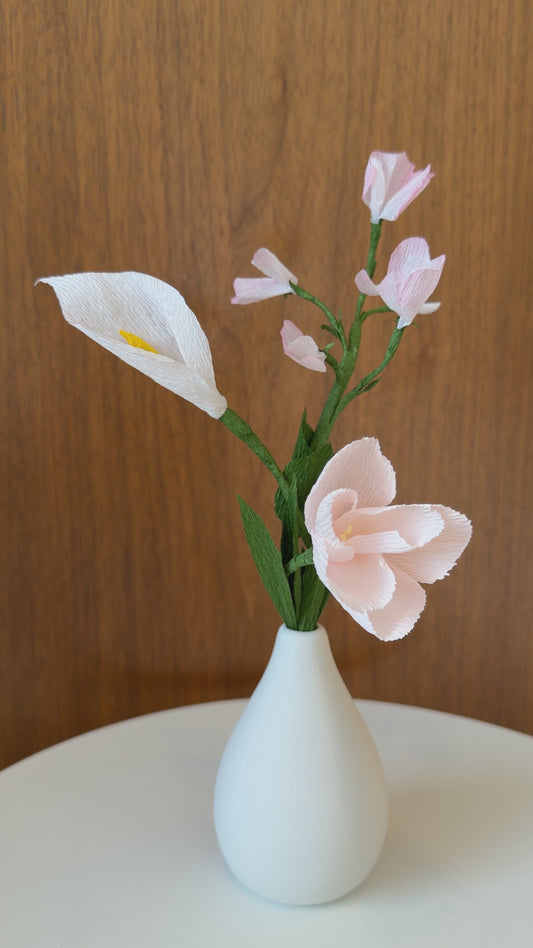 Blush paper flower arrangement in bud vase (calla lily, tulip, sweet pea) (Ready-to-ship)